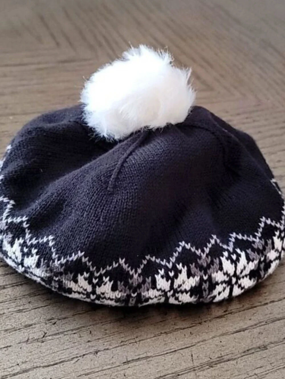 Janie and Jack Black Knit Pom Pom Hat with White Fair Isle Trim